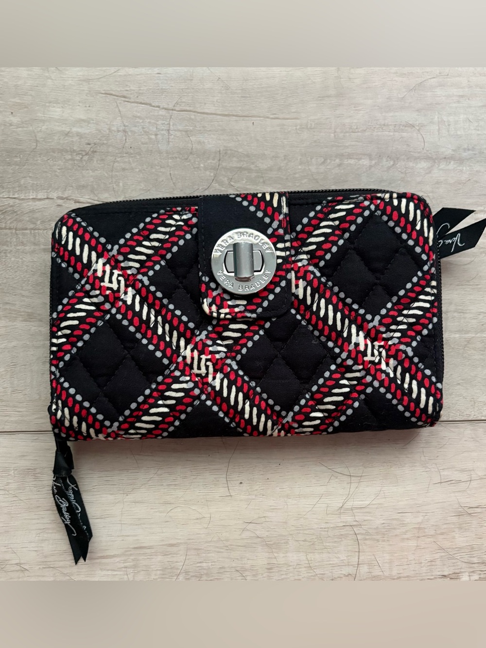 Vera Bradley Black Quilted Wallet with Red & Cream Plaid Stitching